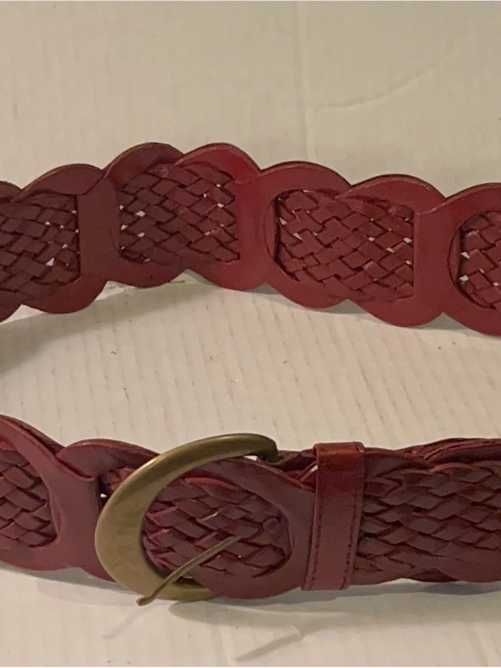 Women's Braided Red Leather Belt with Antique Brass Buckle